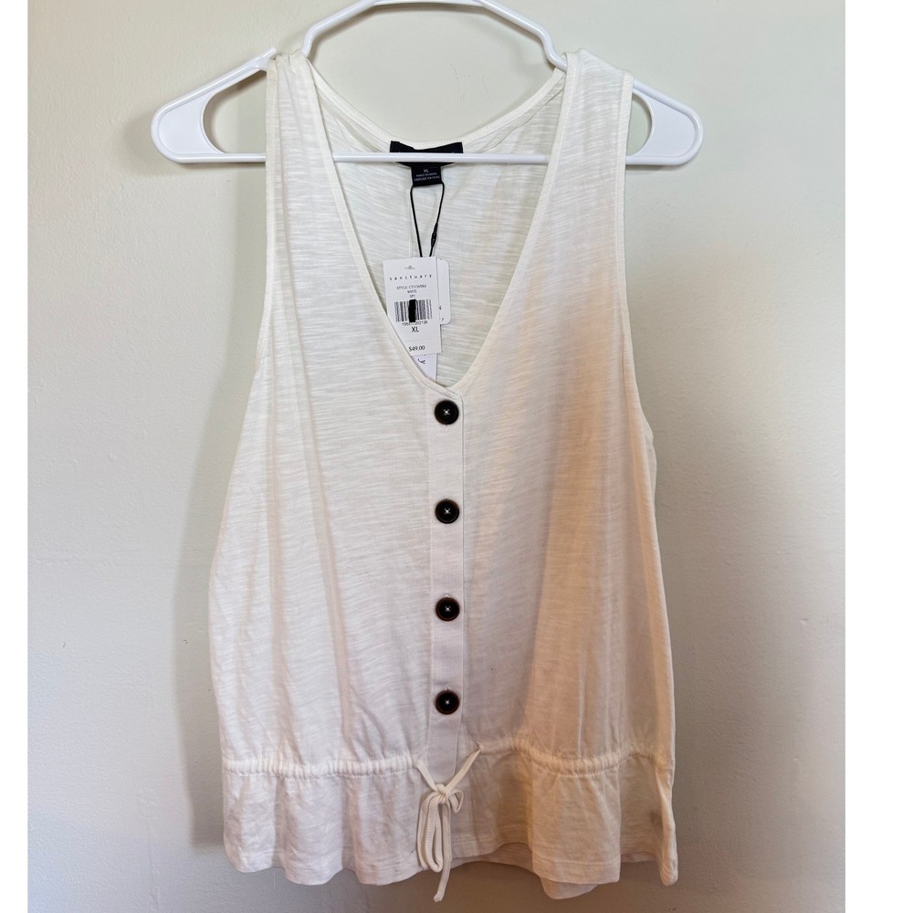Sanctuary White Button Front Drawstring Waist Slub Tank Top XL NWT
